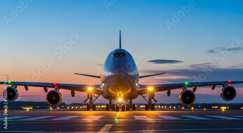 Front View of a Jumbo Jet Airplane on a Runway at Dusk with Runway Lights aircraft