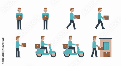 An illustrated sequence depicting a delivery person holding, walking with, riding a scooter, and delivering packages to a building.