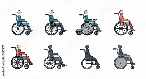 Various stylized illustrations of people in wheelchairs, showcasing different designs and color variations.