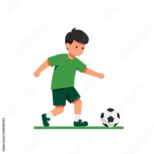 Cartoon boy in green soccer uniform, kicking a soccer ball.