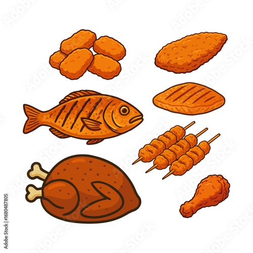 Fried and Grilled Food Icons Set