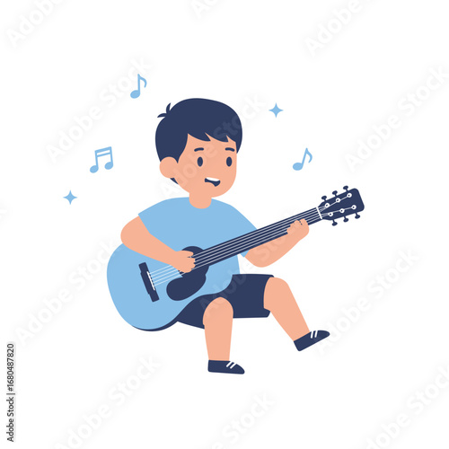 A young boy joyfully plays a blue acoustic guitar, surrounded by musical notes.