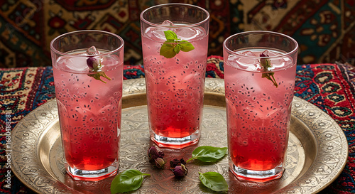 Tall glasses of colorful Persian sharbat (rose syrup with herbs and seeds), served with ice cubes, fresh basil seeds, and copper tray. Background with Persian textiles.
