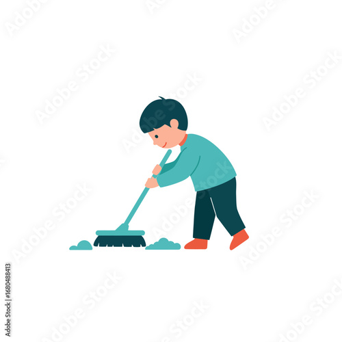 A cheerful young boy diligently sweeps the floor, cleaning up small piles of debris with a broom.