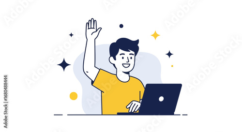 Smiling Person Raising Hand With Laptop, Indicating Online Education or Participation