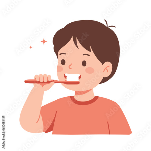 A cheerful young boy diligently brushes his teeth, maintaining good oral hygiene.