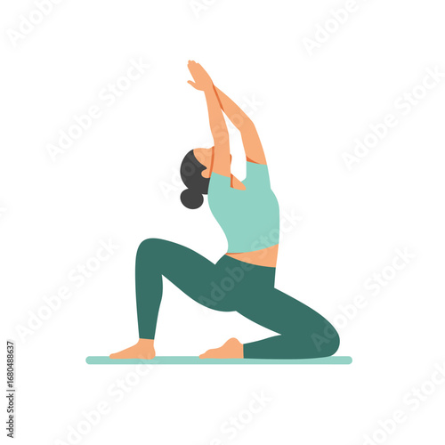 Woman performing a yoga pose on a mat, arms outstretched.