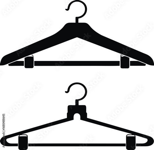 Two black clothing hangers isolated on white background