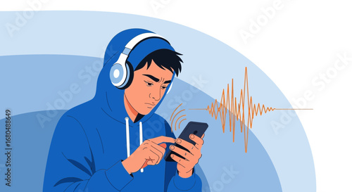 Teenager Wearing Headphones Using Phone Listening To Audio Waves With Focused Expression
