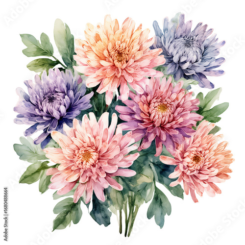 a delicate watercolor painting of a vibrant bouquet featuring shades of peach, lavender, and purple chrysanthemums with lush green foliage.