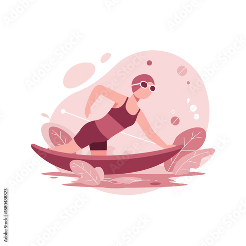 A female water-skier gracefully maneuvers across calm water, showcasing skill and athleticism.