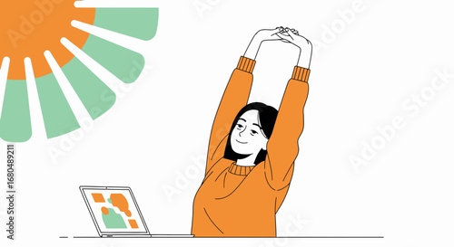 Woman Stretching and Smiling By The Window After Completing Her Work, Fresh And Relaxed