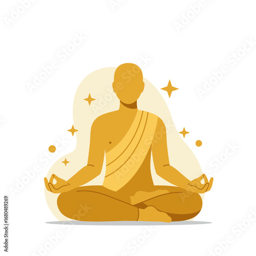 A monk in a yellow robe sits in the lotus position, meditating with stars around him.