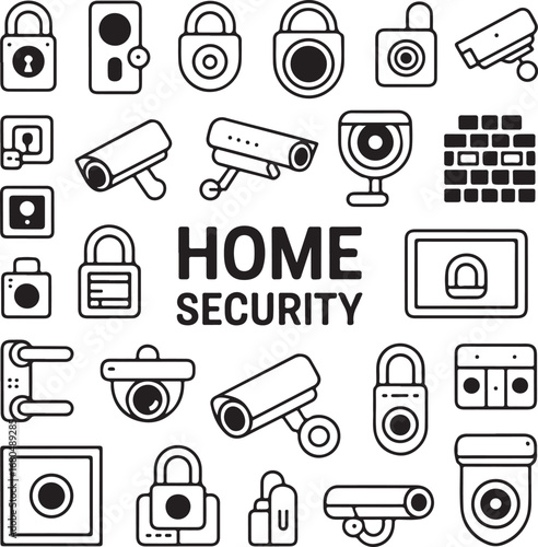 Collection of black and white line art icons for home security systems surveillance camera CCTV camera
