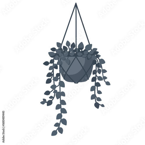Hanging planter with trailing plant, geometric pot, simple design.