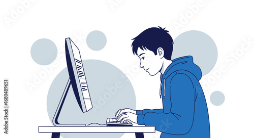 Young Man Engaged In Concentrated Computer Activity, Programming Tasks, and Creative Endeavors