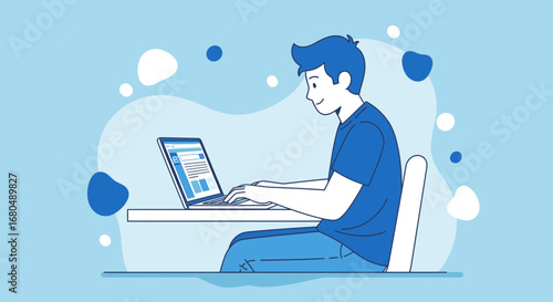 Young Man Working On Laptop, Online, Modern Technology, Digital Lifestyle, Web Design