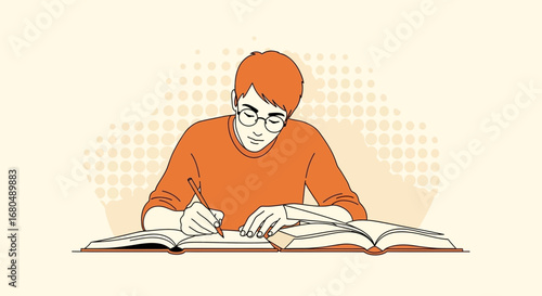 Young Person Concentrating While Reading And Writing In Books With Eyeglasses