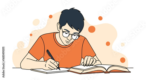 Young Student Concentrating on Writing Notes and Reading a Book for Education