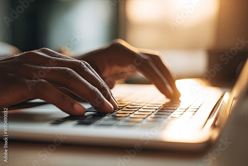 Close-up of hands typing on a laptop keyboard, bathed in warm light