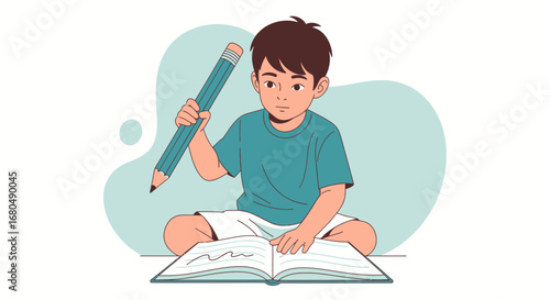 Young Student Concentrates While Drafting Answering Questions on A Book With Pencil