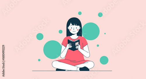 Young Woman Reads Book in Peaceful Setting With Attractive Colorful Teal Circles
