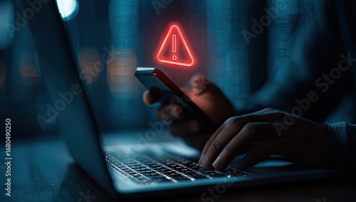 Close-up of hands on laptop and phone, illuminated by a red warning sign
