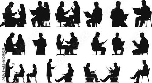 Doctor consulting patient silhouette, reading medical report, healthcare professional discussion, hospital consultation, physician reading chart, diagnosis, treatment, medical 