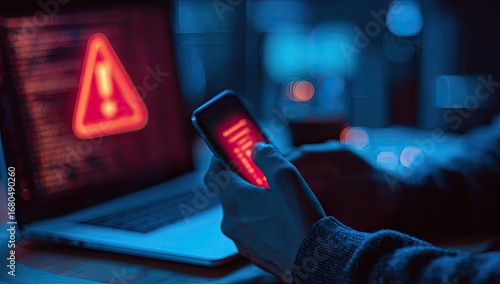 Night-time tech trouble. Hands on smartphone, computer screen displays error alert