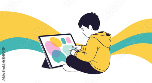 Youngster Exploring Digital Illustrations And Abstract Designs On A Tablet Device