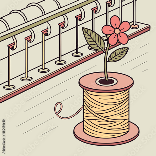 Illustration of a flower growing from a spool of thread in a textile factory, symbolizing growth and sustainability in the textile industry, with a vintage and decorative style