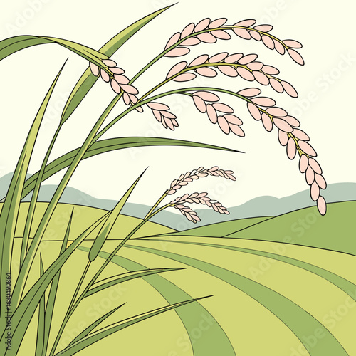 Illustration of a rice field with ripe rice plants in the foreground, showcasing the agricultural landscape and the beauty of nature in a rural setting with mountains in the distance