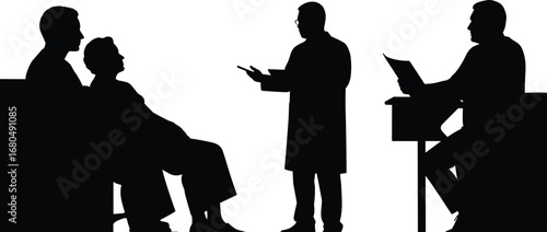 Doctor consulting patients, medical meeting, hospital discussion, healthcare professional with family, black silhouette vector illustration, patient consultation, health examination service