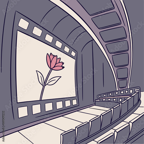 Vector art of a captivating movie theater scene with a flower on the screen, inviting viewers to immerse themselves in the world of cinema, art, and entertainment, creating a memorable experience