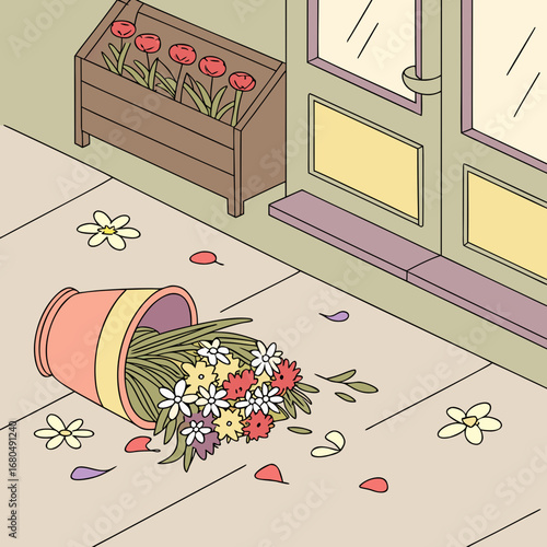 Vector art of a charming illustration depicting a spilled flower pot on a sidewalk next to a building with a window, creating a whimsical and slightly chaotic urban scene