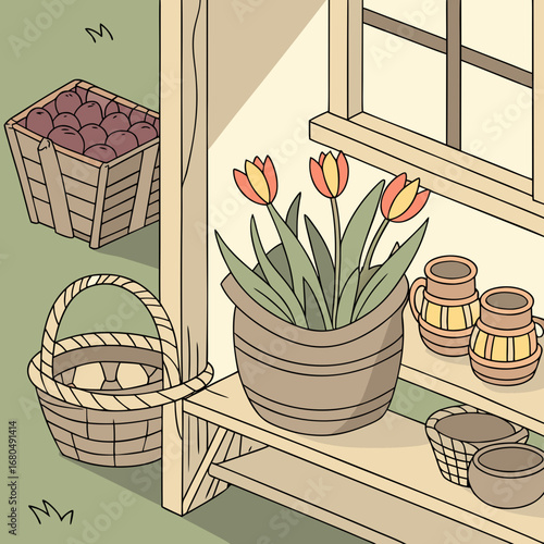 Vector art of a cozy scene featuring a wooden shelf with tulips in a pot, a basket, and a crate of apples, evoking a sense of rustic charm and simple pleasures in a countrystyle setting