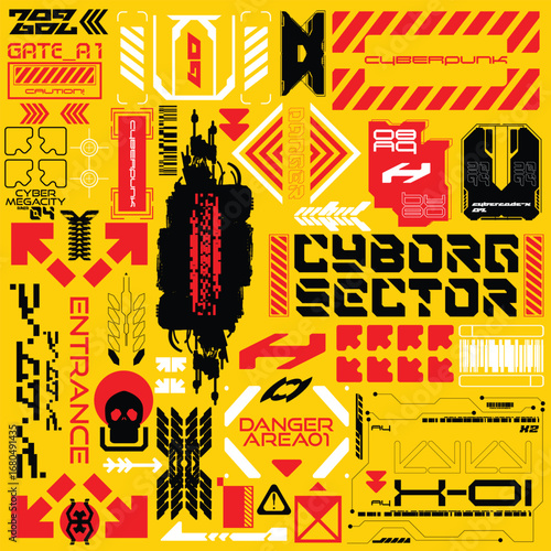 HUD sci-fi technology decals for futuristic gaming cyberpunk style, 2d illustration vector sticker set collection