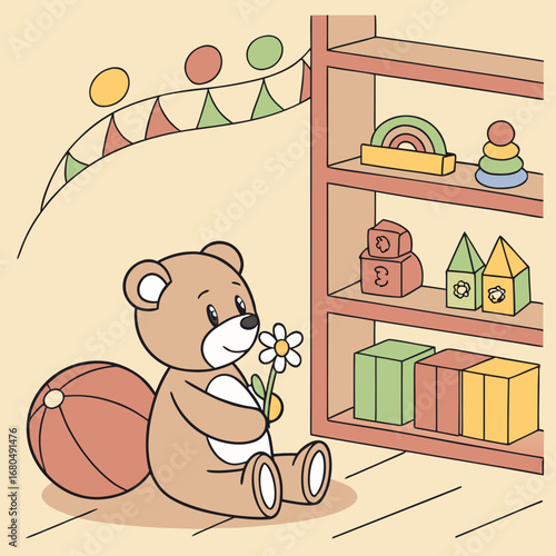 Vector art of a cute cartoon illustration of a teddy bear holding a flower in a childs playroom, with toys on a shelf and colorful decorations, creating a happy and playful atmosphere