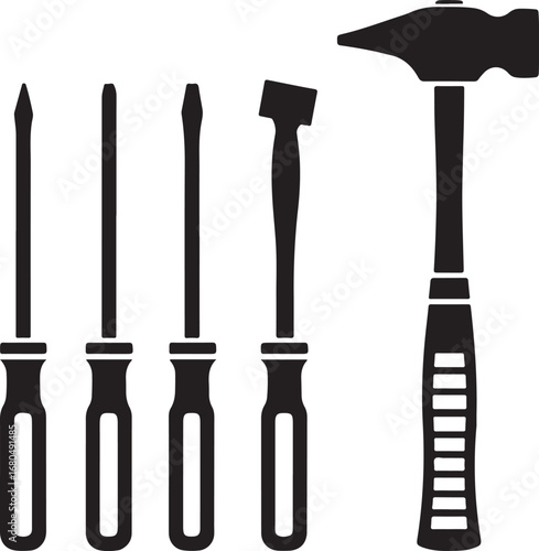 Black hammer and screwdrivers tools