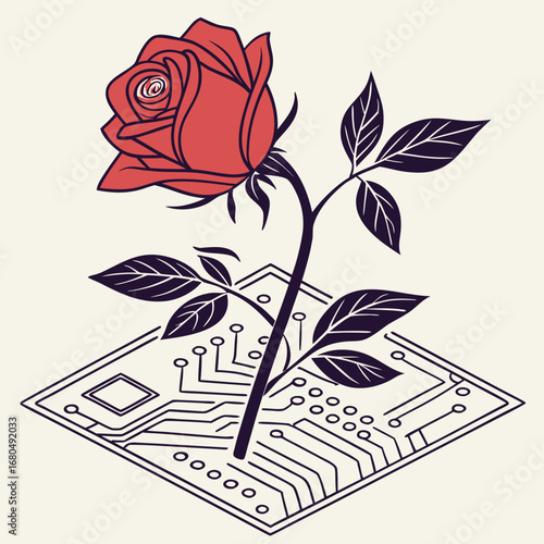 Vector art of a rose growing from a circuit board, , symbolizing the fusion of nature and technology in a vector illustration of artificial intelligence