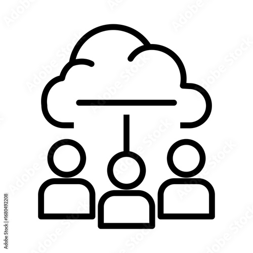 Minimalist line icon illustrating the concept of collaborative teamwork and shared online resources via cloud computing technology