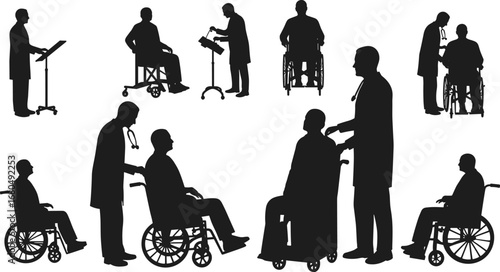 Doctor examining patient in wheelchair, healthcare support, hospital consultation, medical assistance, disabled patient care, black silhouette vector illustration, rehabilitation service