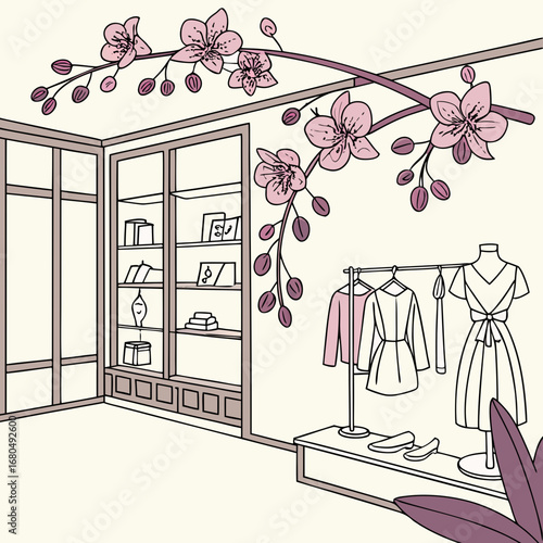 Vector art of a stylish boutique interior with orchids, , showcasing fashion and design in a vector illustration with a modern, elegant touch