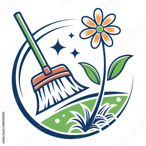 Vector art of a vibrant logo featuring a broom and flower, symbolizing cleaning and spring, perfect for a cleaning service or ecofriendly business