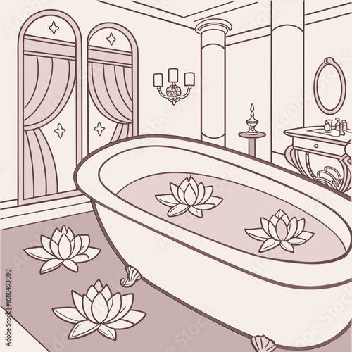 Vector art of elegant bathroom interior with a vintage bathtub filled with lotus flowers, creating a serene and luxurious spa atmosphere, a decorative drawing