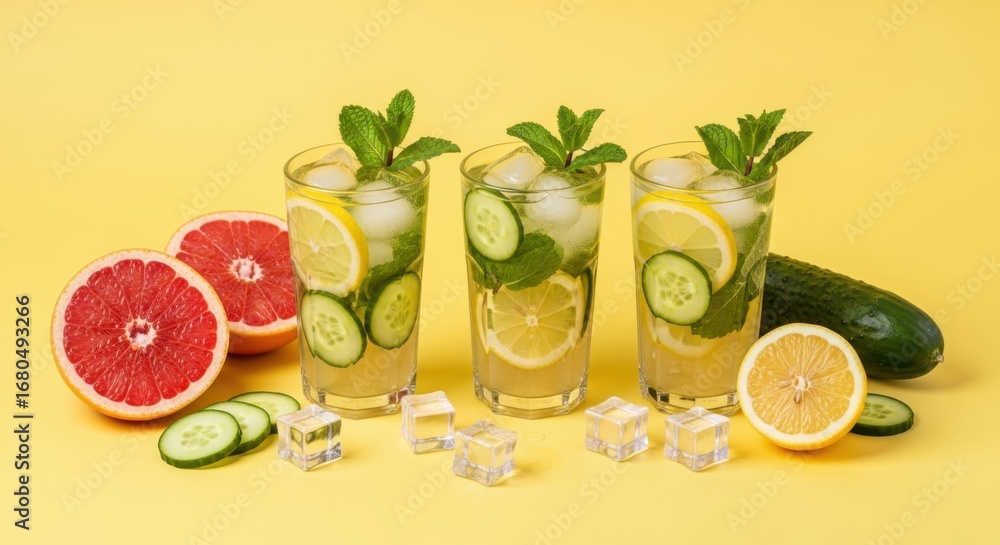 Fototapeta premium Three refreshing cocktails with lime, cucumber, lemon, and mint on a yellow background