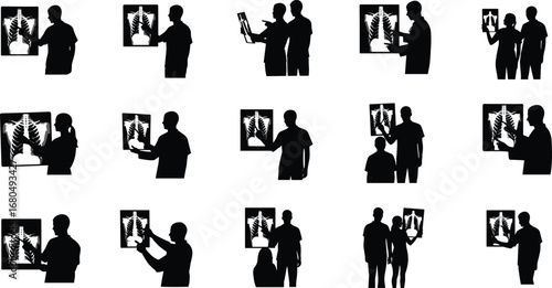 Doctor examining X-ray silhouette, medical radiology scan, chest X-ray analysis, patient diagnosis, healthcare screening, hospital examination, diagnostic imaging illustration