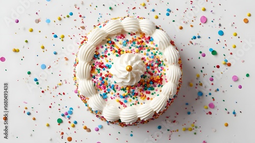 Top view birthday cake with colorful sprinkles.