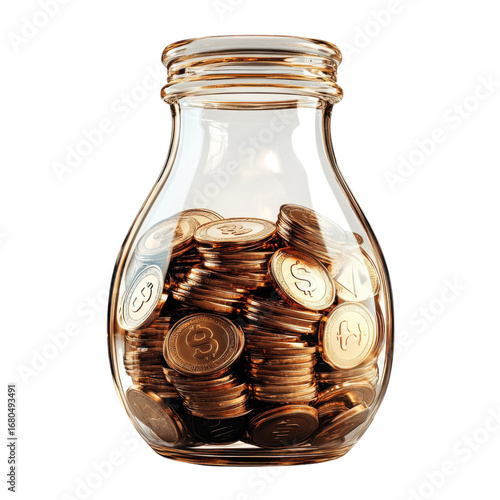 Glass jar filled with gold coins symbolizing savings investment and financial growth against a for wealth and prosperity concepts on transparent background