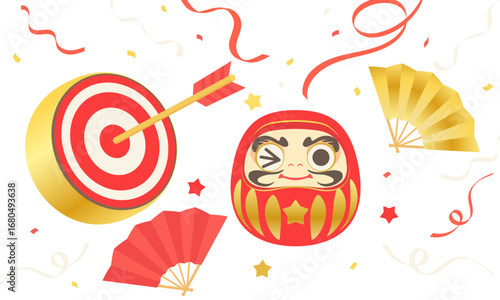的とダルマと扇の当選祝いイラスト